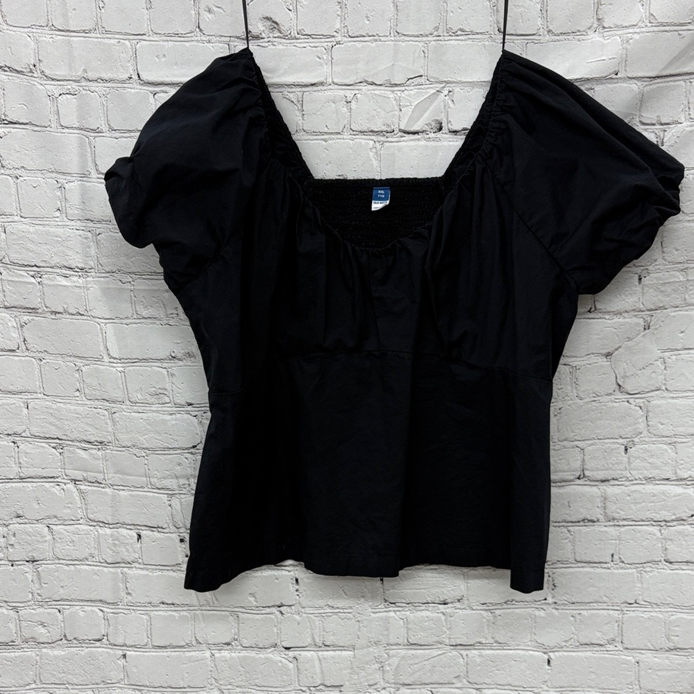 Old Navy Black Puff Sleeve Blouse Ruched Back Size XXL